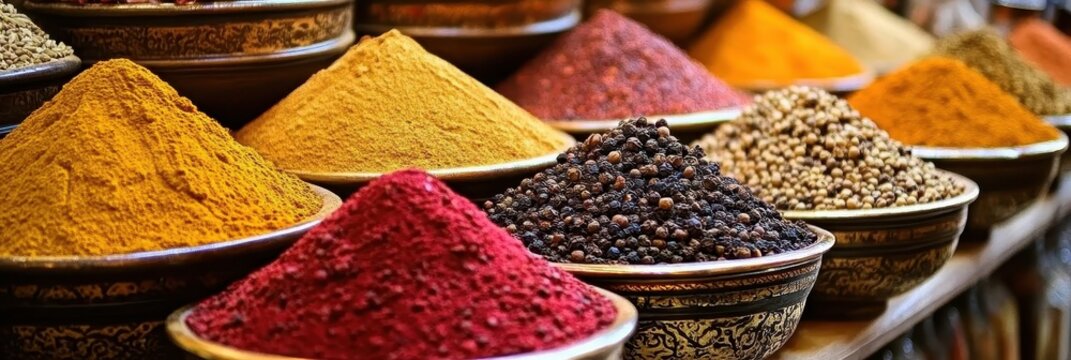 Colorful spices, vibrant market display, aromatic powders, exotic seasonings, close-up food photography, rich colors, turmeric yellow, paprika red, cumin brown, spice bins, culinary ingredients, tradi