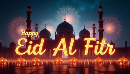 Eid Al Fitr Celebration at Mosque with Fireworks