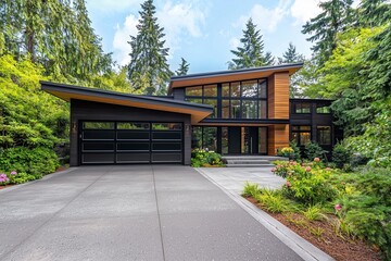 Fototapeta premium Architecturally advanced black and wood home with a stylish garage and landscaped driveway.