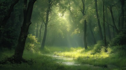 Obraz premium Sunlit Forest Path Lush Green Vegetation and Dappled Sunlight, a Tranquil Scene