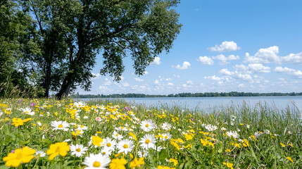 Obraz premium Lakeside meadow wildflowers summer sunny day