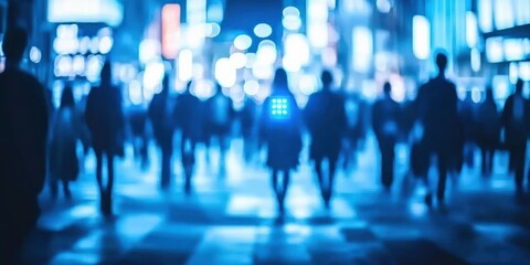 Blurred Urban Crowd Under Vibrant Neon Lights Creating a Dynamic Nightlife Atmosphere