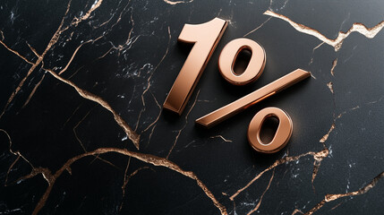 A metallic rose gold 1% sign resting on a sleek black marble surface with golden veins.