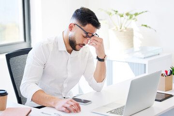 Naklejka premium Businessman, headache or laptop with stress for pressure, bankruptcy or deadline at office. Man, employee or accountant with migraine on computer for debt, vertigo or financial crisis at workplace
