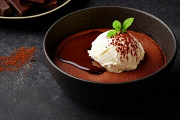 Chocolate Mousse Dessert with Vanilla Ice Cream and Mint
