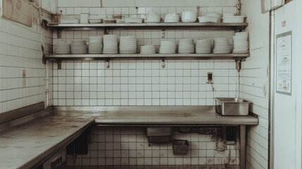 A clean, minimalist kitchen with shelves of white bowls and stainless steel countertops