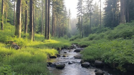 Obraz premium Sunlight Dappled Forest Stream Lush Green Vegetation; Tranquil Nature Scene