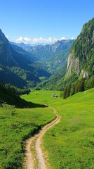 Breathtaking Mountain Valley Landscape Under Clear Blue Sky with Lush Green Meadow Path