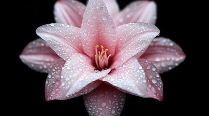 Fototapeta premium Pink flower, dew drops, dark background, nature close-up, botanical illustration