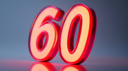 A vivid red 60% sign glowing softly on a glossy white background, with natural reflections and depth.