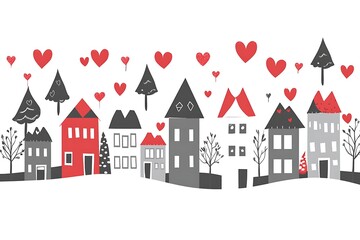 Fototapeta premium Cute Cartoon Cityscape with Red Hearts