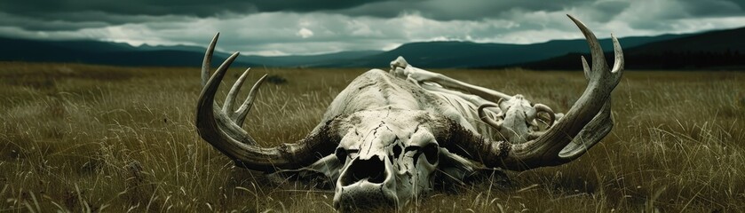 A weathered animal skull lies on a grassy field under a dramatic sky, evoking themes of nature, decay, and the passage of time.