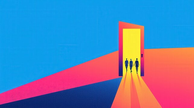 Vibrant Abstract Doorway Scene with Silhouettes Walk Toward Light Against Bright Colorful Background