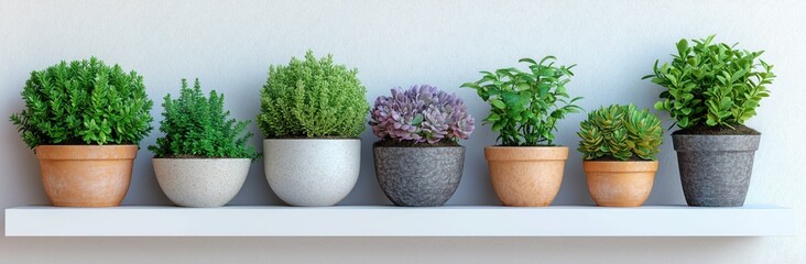 Fototapeta premium Collection of exotic houseplants in ceramic pots on white shelf