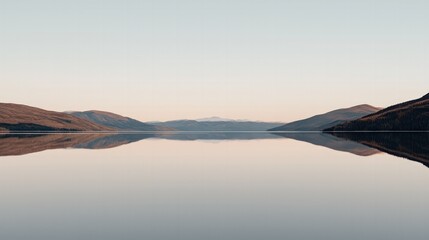 Calm Lake Reflection at Dusk Surrounded by Gentle Hills and Clear Sky