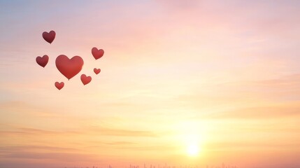 Obraz premium Heart Shaped Balloons Floating at Sunset Sky