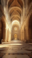 Fototapeta premium Sunlit cathedral nave, peaceful scene