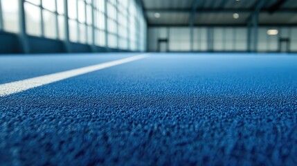 Lines on edge of indoor synthetic football pitch with blue surface. Low angle close up, shallow depth of field.
