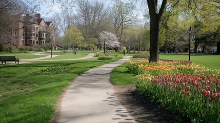 Obraz premium Sunlit Spring Park Pathway With Colorful Tulips