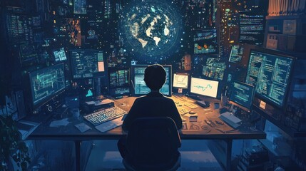 Global Network Control Center: A lone programmer oversees a complex network of screens, data, and a holographic globe, representing global connectivity and technological mastery.