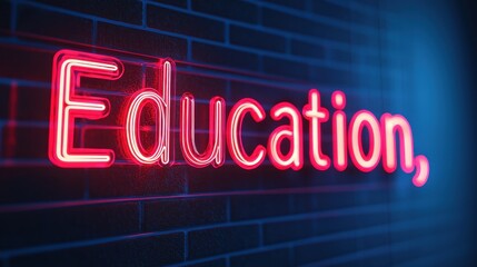 Neon Sign of Education Against Dark Brick Wall