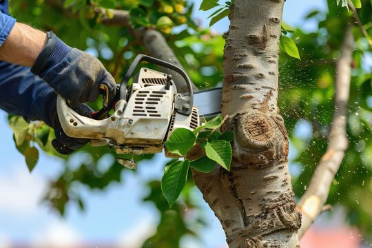 A person using a chainsaw to trim a tree branch in a bright outdoor setting, surrounded by lush green leaves.