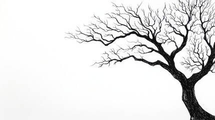 Barren tree sketch, winter landscape, white background, nature art