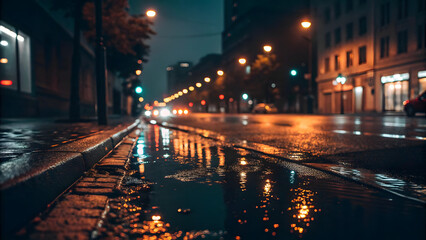 Fototapeta premium Nighttime city reflection urban street photography bokeh effect low angle capturing vibrant atmosphere