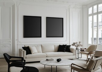 High-resolution living room scene with black frames and designer chairs.
