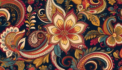 Stunning PersianInspired Floral Paisley Pattern in Vibrant Vector Illustration, Evoking a Romantic and Exotic Atmosphere, Ideal for Digital Art, Home Decor, or Design Inspiration