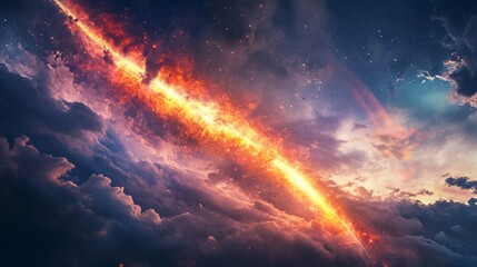 Fototapeta premium A fiery light streaks across a cloudy cosmic expanse with a nebula and scattered stars