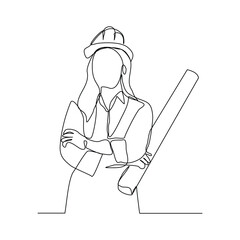 Continuous single line sketch drawing of female woman engineer architect conctrucstor building holding blue print roll paper professional occupation work one line vector illustration