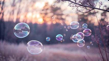 Bubbles floating at sunset nature scene photography dreamy bokeh environment tranquil viewpoint