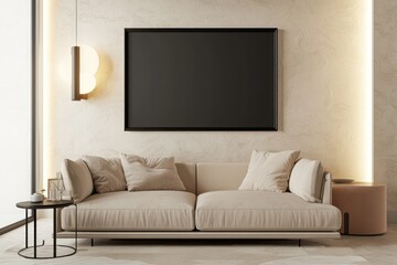 Black frame and beige sofa in a living room, showcasing modern interior design.