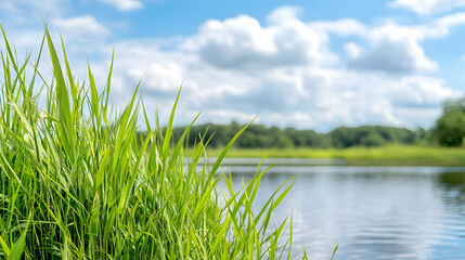 Obraz premium Lush green grass by calm lake, summer sky. Nature background for websites