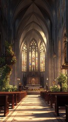 Fototapeta premium Sunlit cathedral nave with stained glass
