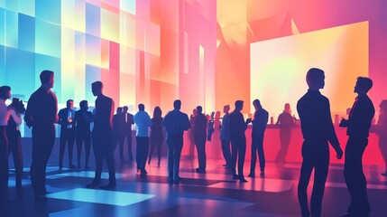 Vibrant Networking Event: Silhouetted Figures at a Colorful Gathering