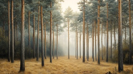 A serene forest scene with tall trees and a misty atmosphere, creating a peaceful ambiance.