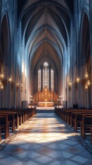 Fototapeta premium Sunlit cathedral nave and altar