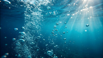 Bubbles rising in aquatic depths underwater scene photography blue tones bokeh effect