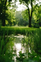 Naklejka premium Serene Pond Scene Within Lush Green Summer Foliage