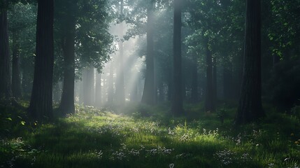Obraz premium A serene forest scene with soft sunlight filtering through tall trees onto a grassy floor.