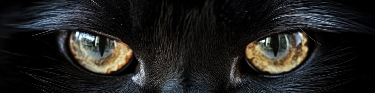 Extreme close-up, cat eyes, piercing yellow irises, feline gaze, intense stare, dark fur, moody atmosphere, high contrast, dramatic lighting, sharp focus, panoramic view, hypnotic, mysterious, predato