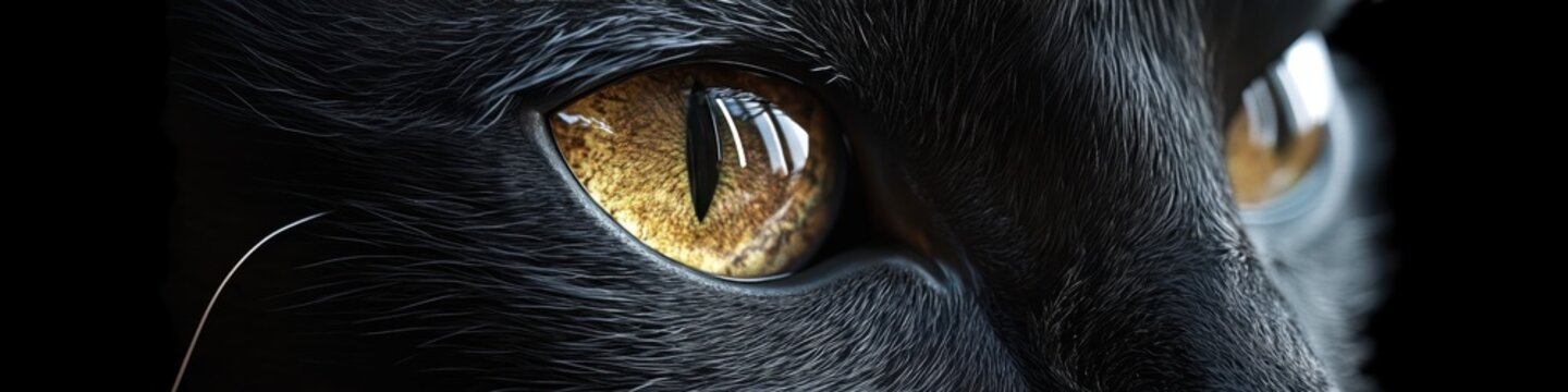 Extreme close-up, cat eyes, piercing yellow irises, feline gaze, intense stare, dark fur, moody atmosphere, high contrast, dramatic lighting, sharp focus, panoramic view, hypnotic, mysterious, predato