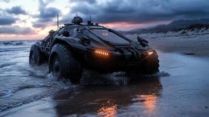 A futuristic amphibious assault vehicle emerging from the ocean onto a beach, equipped with advanced sensor arrays