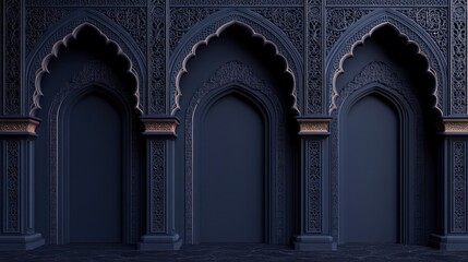 Obraz premium Ornate arches, Islamic architecture, dark interior, 3D render, design