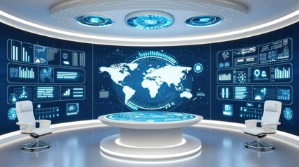 Futuristic Control Room: Global Data Monitoring Center