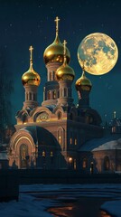 Obraz premium Golden church under a full moon