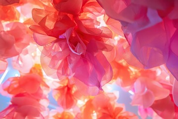 Delicate pink and orange fabric flowers hang softly