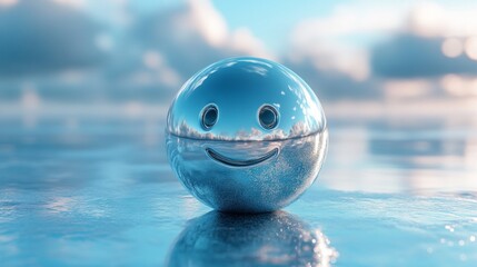 A shiny metallic cold-face emoji, floating on an icy blue background 